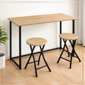 Kiwari Fab set masa bar + 2 scaune, MDF/metal, masa 90x45x74 cm + scaune Ø30x45 cm, capacitate 100kg/scaun, design compact, bej/negru - Verificat B · Re-Bloom