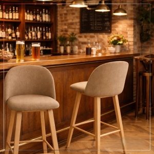 Kiwari Tan set 2 scaune bar/bucatarie, textil/spuma + cadru metalic aspect lemn, 40x40x105cm, inaltime sezut 75cm, capacitate 120kg, spatar ergonomic, suport picioare, maro - Verificat A · Re-Bloom - Img 2