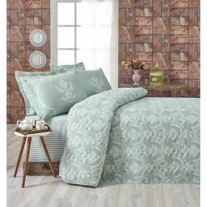 L'essentiel Maison set cuvertura matlasata single, bumbac/poliester, 160x220 cm + fata de perna 50x70 cm, 270g/m², verde marin/alb - Verificat A · Re-Bloom