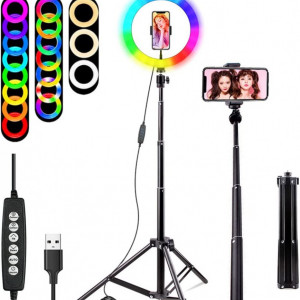 Lampa cu lumina inelara si trepied pentru fotografiere Feicuan, Bluetooth, USB, RGB, 26 cm