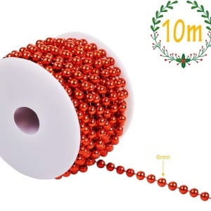 Lant cu margele pentru brad Naler, plastic, rosu, 6 mm x 10 m