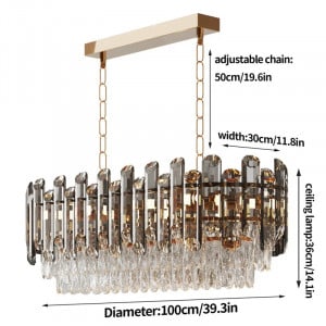 Lustra tip pendul Aakif, 12 lumini, LED, metal/cristal, gri/transparent/auriu, 100 x 30 x 50 cm