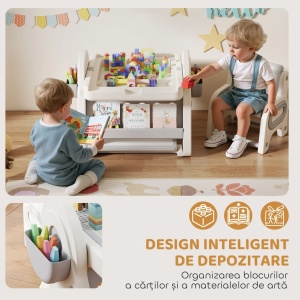 Masa multifunctionala pentru copii cu raft, sertare si tabla, HDPE/PP, masa 88x61x58cm + scaun 40x37x47cm, varsta 2-4 ani, capacitate 10kg masa/30kg scaun, 2 cutii depozitare incluse, gri/alb - Verificat A · Re-Bloom - Img 3