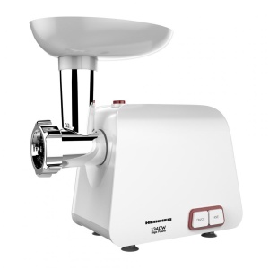 Masina de tocat Heinner MG-1340WH, Putere 1340W, 1,2kg/min, Accesoriu de rosii si carnati, Cutit din inox, Functie reverse, 2 site de tăiere, Alb