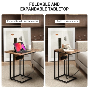 Masuta de cafea extensibila tip C cu 2 statii incarcare Re-Bloom, MDF/metal, 39x29x57 cm, blat 39x29-58 cm, USB+USB-C 5V2A, 10 kg, maro rustic/negru - Verificat A · Re-Bloom - Img 6
