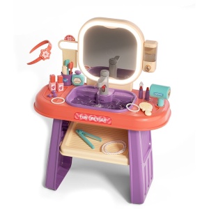 Masuta de Machiaj jucarie Rovo 959, Oglinda cu Lumini LED si Muzica, Robinet cu senzor, Dispenser Sapun, 23 piese