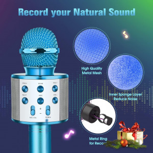 Microfon profesional wireless karaoke cu Bluetooth DEVRNEZ , albastru, difuzor, radio FM, USB TF, inregistrare sunet, acumulator, 25 x 9,5 cm - Img 2