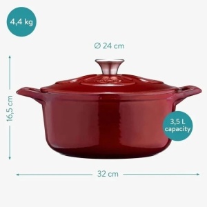 Navaris oala emailata din fonta antiaderenta, plita/cuptor, Ø24cm, 3.5L, Rosu inchis - Verificat A · Re-Bloom - Img 2