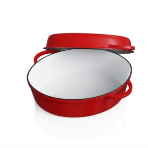 Oala cu capac Steinzeitwerk din fonta emailata, 6 l, 8kg, 2in1, pentru cuptor, plita, gaz, electric, cu inductie, ovala, 35x25x17 cm, Rosu