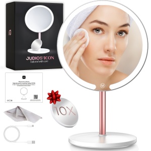 Oglinda cosmetica cu led pentru machiaj, Judios®Icon, iluminata 40 LED-uri, 3 tipuri de lumina, intensitate reglabila, Touch Switch, rotire 360º, oglinda makeup aditionala magnificare 10X, 2000mAh, baza depozitare, ax aluminiu, Alb