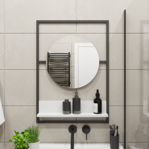 Oglinda rotunda cu rama metalica dreptunghiulara si poliat de depozitare Places of Style, lemn/sticla, alb/negru, 99, 6 x 64,6 x 6,6 cm