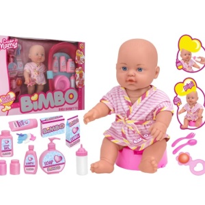 Papusa bebelus 30 cm, Globo Bimbo, cu halat baie, cadita si accesorii pentru spalat, accesorii hranire, biberon si olita incluse, jucarii zornaitoare si suzeta