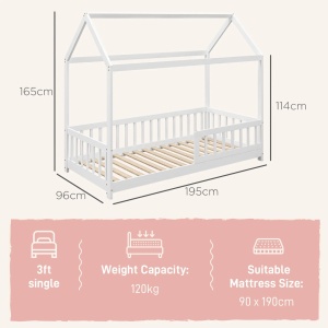 Pat Montessori casuta pentru copii Re-Bloom, lemn de pin, 96x195x165 cm, 15 sipci, bariere protectie 44 cm, saltea 90x190 cm, 120 kg, alb - Verificat A · Re-Bloom - Img 2