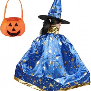 Pelerina cu palarie si cosulet de Halloween pentru copii GugnRyAc, poliester, albastru, 80 cm