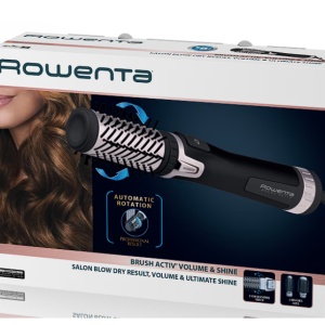 Perie rotativa Rowenta Brush Activ'Dry & Style CF9550F0, 1000 W, 3 accesorii, 3 trepte de temperatura/viteza, duza pre-uscare, invelis ceramic, generator dublu de ioni, jet de aer rece, inel pentru agatare, negru, Resigilat, Grad A