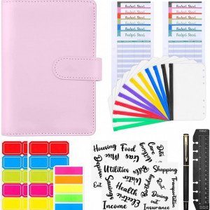 Planificator de buget cu plicuri si etichete Iycorish, PU/hartie/plastic, roz, 19 x 13 cm