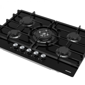 Plita incorporabila Heinner HBH-M705IWFGBK, Gaz, 5 arzatoare, Latime 75cm, Gratar fonta, Wok, Aprindere electrica, Sticla neagra - Img 2