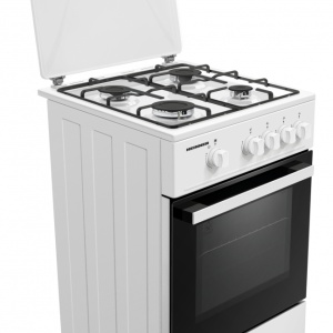 Produs Resigilat Aragaz gaz HEINNER HFSC-K50WH, 50x50cm, 4 arzatoare, suport email, capac metalic, dispozitiv de siguranta plita si cuptor, usa cuptor cu geam dublu detasabil, duze gpl incluse, tava si gratar cromat, dimensiuni: 50x50x85cm, culoare: alb - Img 3
