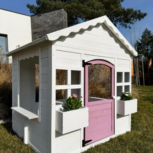 Produs Resigilat Casuta de gradina pentru copii Re-Bloom Nikaia, lemn de brad, 130x110x124 cm, rezistenta UV, roz/alb - Verificat A - Img 2