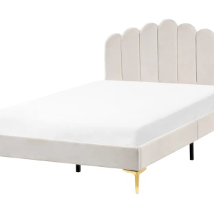 Produs Resigilat Pat Re-Bloom Sauvian, 120x200 cm, catifea/placaj/fier, somiera 12 lamele, tablie 125x110 cm, 200 kg, bej/auriu - Verificat A