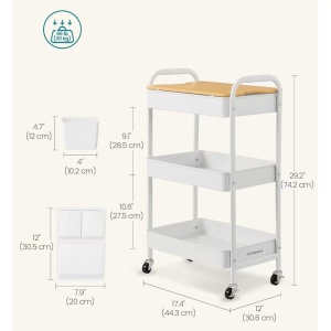 Raft de depozitare SONGMICS mobil tip carucior rulant, pentru baie sau bucatarie, cadru otel cu blat MDF, 31x44x74 cm, alb, Resigilat, Grad A - Img 4