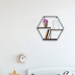 Raft de perete Re-Bloom, metal/lemn masiv, maro/negru, 60 x 53 x 15 cm, Resigilat, Grad A - Img 3