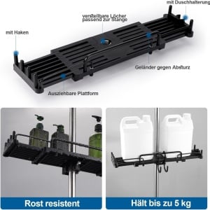 Raft extensibil pentru dus Sapgrc, plastic, negru, 12 x 33-48 cm