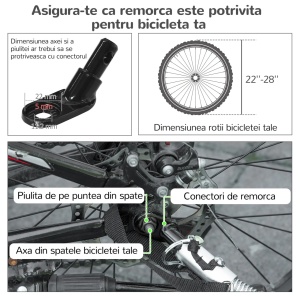 Remorca de bicicleta 2in1 carucior pentru caini pliabil, aluminiu/tesatura Oxford, 150x68x95 cm pliat 94x43x20 cm, roti 6"/16", capacitate 30kg, potrivita caini pana la 20kg/49cm, verde/negru - Verificat A · Re-Bloom - Img 5