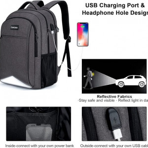 Rucsac pentru laptop cu port de incarcare USB, nailon, gri, 18/12/7.8 inch