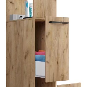 Sadilo dulap inalt baie 25x183x50 cm, 2 sertare, 2 rafturi fixe, PAL decor stejar - Verificat A · Re-Bloom - Img 3