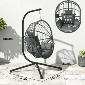 Scaun suspendat de exterior tip ou cu perna, otel/poliester/spuma/franghe PP, 115x106x188 cm, cos 90x62x114 cm, sezut 74x56cm/inaltime 43cm, capacitate 120kg, gri - Verificat A · Re-Bloom - Img 3