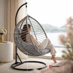 Set 10 balansoare suspendate tip cuib Kiwari Cosy 68x105x115 cm, suport metalic 195 cm, baza rotunda 103 cm, plastic rezistent, casa/gradina/terasa, negru - Img 2