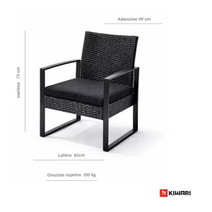 Set 12 x set mobilier Kiwari Terrace, masa 40x40x41 cm + 2 scaune 59x63x73 cm, metal/plastic/ratan, perne incluse, gradina/terasa/balcon, negru - Img 5