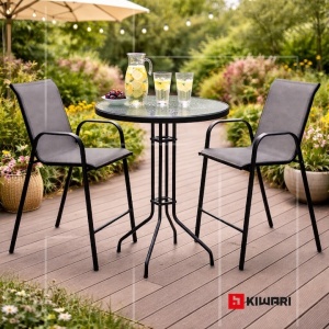 Set 16 x set mobilier gradina Kiwari Bistro 2 locuri, masa rotunda diametru 76x100 cm + 2 scaune 55x68x113 cm, suprapozabile, 110 kg, gri - Img 3