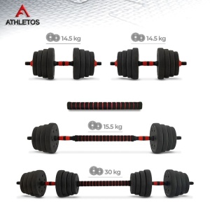 Set 2 gantere reglabile, Athletos®, 30 kg, convertibile in haltera cu bara conectoare, discuri ciment, multiple combinatii, Rosu/Negru, Resigilat, Grad A - Img 2