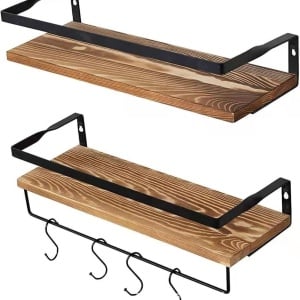 Set 2 rafturi de perete Booboost, lemn masiv/metal, natur/negru, 40 x 15 x 1,5 cm