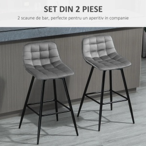 Set 2 scaune de bar stil nordic cu spatar si suport picioare, poliester/metal, 45x47x88 cm, sezut 42x35cm/inaltime 64.5cm, spatar 42.5x22.5cm, capacitate 120kg, gri/negru - Verificat A · Re-Bloom - Img 6