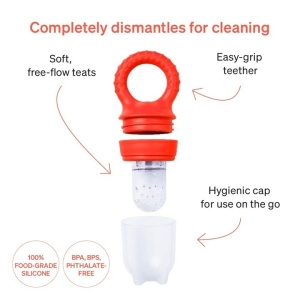 Set 2 Suzete pentru fructe si legume Love Noobs, fara BPA, inel dentitie, rosu, cu 4 tetine suplimentare