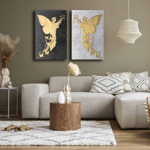 Set 2 tablouri decorative Re-Bloom, model ingeri, lemn masiv/panza, gri/negru/auriu, 45 x 70 cm - Img 4