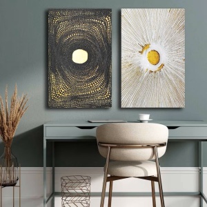 Set 2 tablouri decorative Re-Bloom, panza/lemn, alb/negru/auriu, 45 x 70 cm