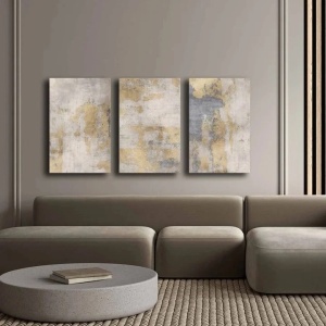 Set 3 tablouri decorative canvas, 3x45x70 cm, dimensiune totala 145x70 cm, panza 100% 2.8mm, cadru lemn pin 100%, gri/auriu - Verificat A · Re-Bloom - Img 3