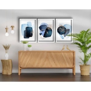 Set 3 tablouri decorative MDF/lemn 38x53 cm, alb/albastru - Verificat A · Re-Bloom