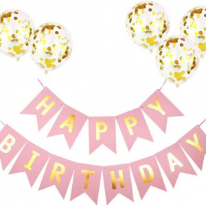 Set aniversar cu 1 banner si 5 baloane cu confetti DAIRF, latex/hartie, roz/alb/auriu, 47 cm / 20 x 16 cm - Img 1