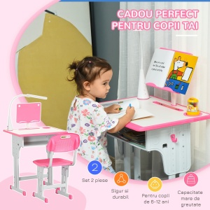 Set birou + scaun ergonomic pentru copii 6-12 ani, PP/MDF/otel, birou 60x45x90-102cm + scaun 40x36x70-74cm, inaltime reglabila, lampa LED 5W, sertar, suport carti, roz - Verificat A · Re-Bloom - Img 5