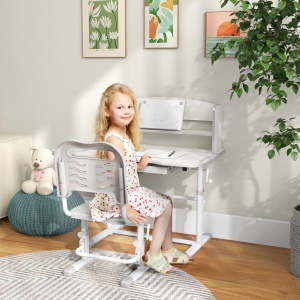Set birou si scaun copii 6-12 ani, reglabil 82-104 cm, blat inclinabil 45°, sertar, raft carti, MDF/PP/otel, gri si alb - Verificat A · Re-Bloom - Img 2