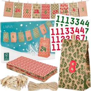 Set calendar de Advent pentru Craciun Livaia, hartie/lemn, multicolor, 51 piese