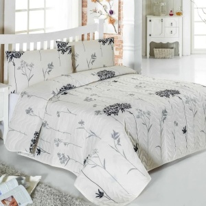 Set cuvertura matlasata + 2 fete de perna, 65% bumbac/35% poliester, 240x220 cm + 2x60x60 cm, umplutura fibra 100%, 260g/m², bej/gri - Verificat A · Re-Bloom
