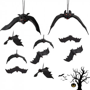 Set de 10 decoratiuni lilieci pentru Halloween, cauciuc, negru - Img 1