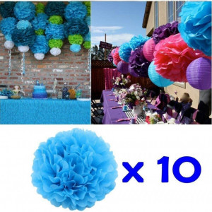 Set de 10 flori pompom JZK®, hartie, albastru, 25 cm - Img 5
