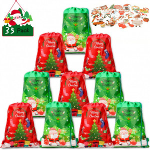 Set de 10 pungi pentru cadouri si 25 autocolante de Craciun Qpout, PVC, multicolor, 27 x 36 cm
